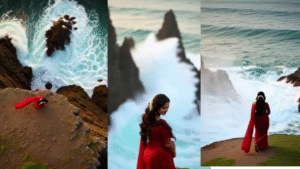 a beautiful woman stands on a jagged cliff